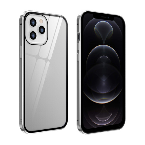 Fusion360 iPhone 12 / 12 Pro Double Sides Tempered Glass Magnetic Adsorption Metal Frame Anti-peep Screen Case - Silver